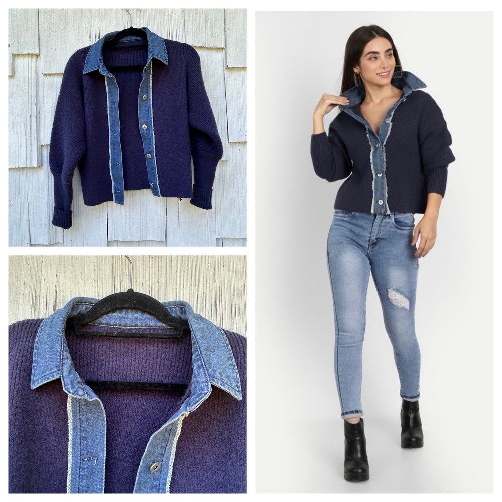 Commense Navy Ribbed Knit Cardigan Denim Trim Mixed Media Button Up Small NWT